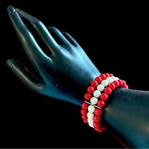 Vintage Petite Red and White Bead Memory Wire Bracelet